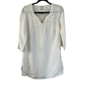 Malvin Hamburg Germany I LOVE LINEN crochet neckline white 100% linen dress M